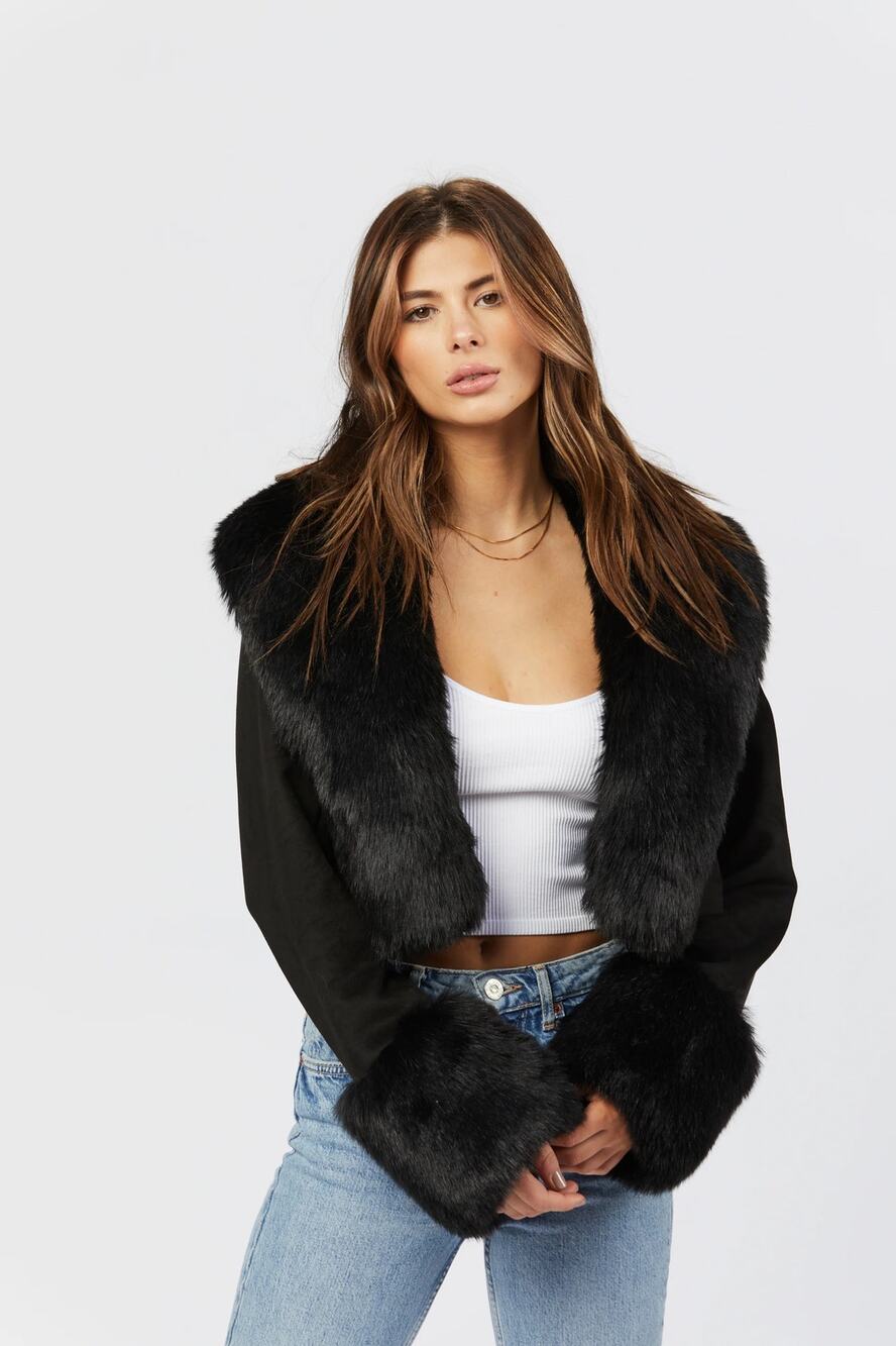 SHACI NWOT Riley Cropped Vegan Suede Faux Fur Jacket Sz M Black